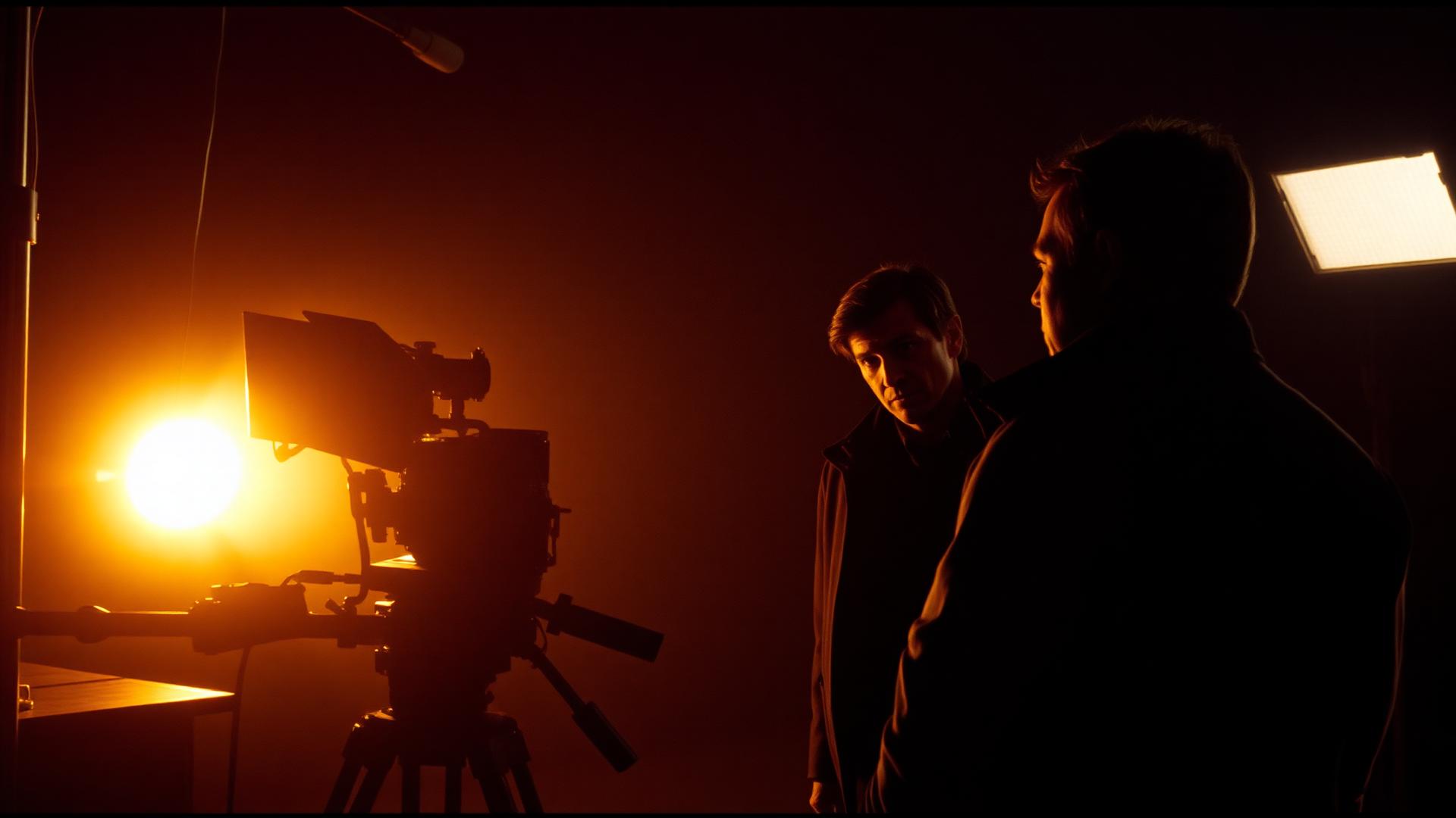 Behind the scenes at night with warm rim light