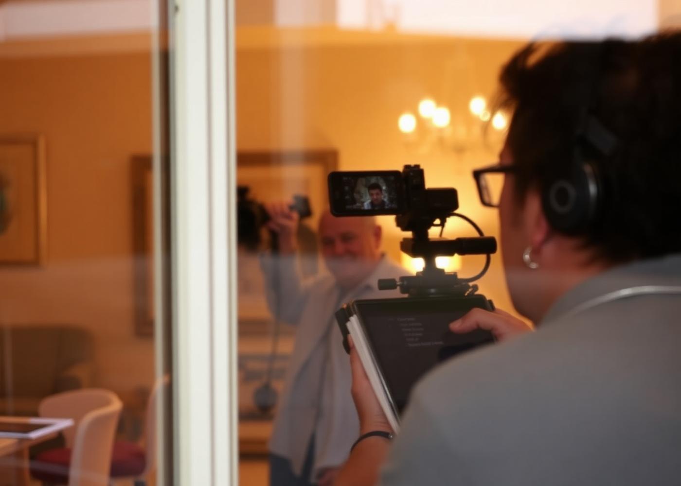 Camera operator on set through a window reflection