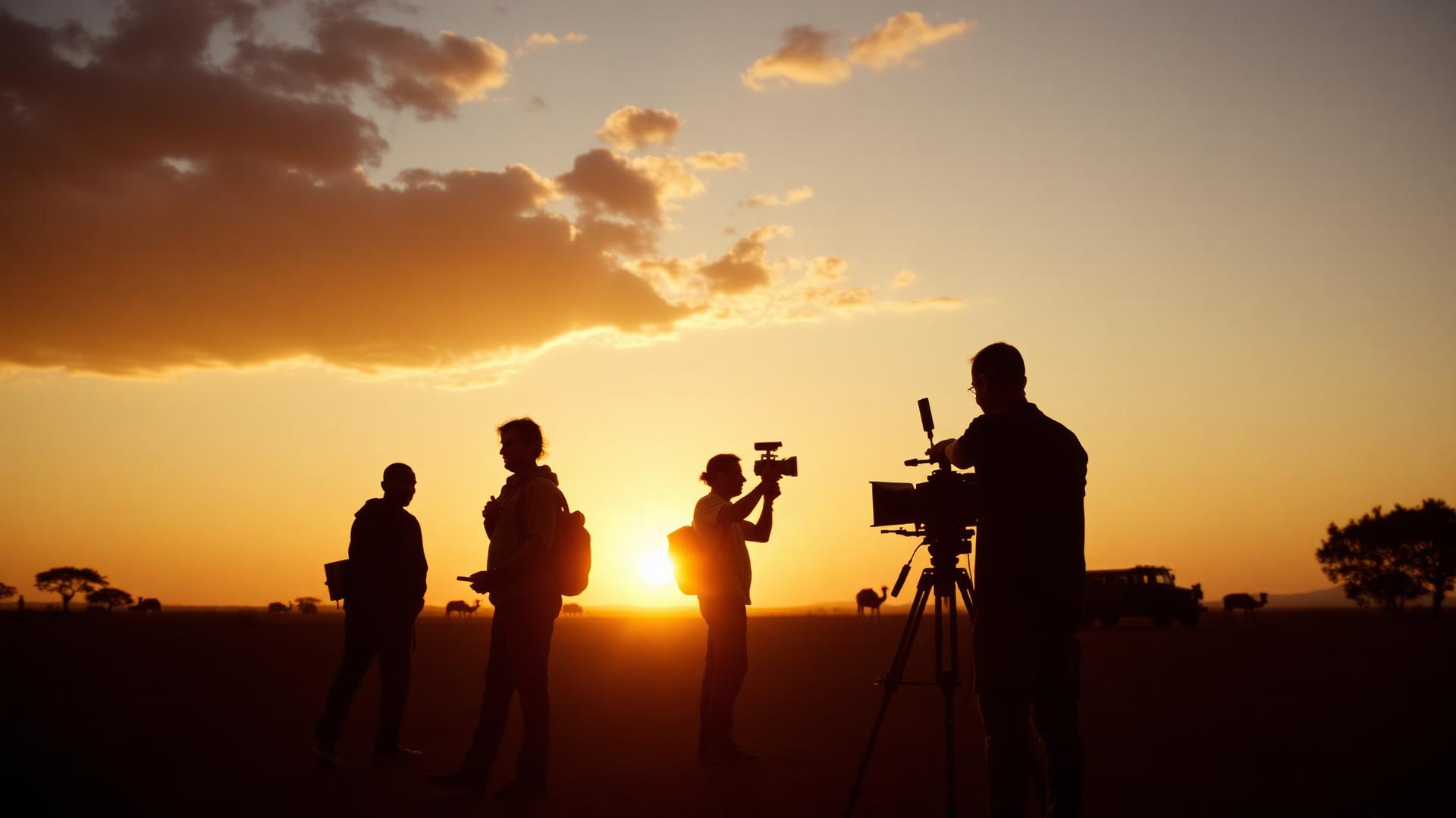Silhouetted crew at golden hour